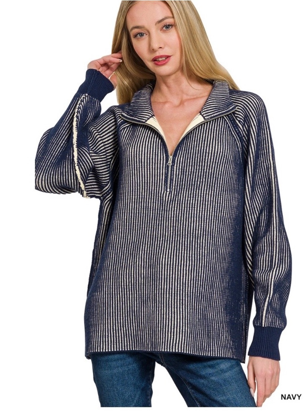 Zenana Outfitters Navy and Cream Striped Half-Zip Pullover